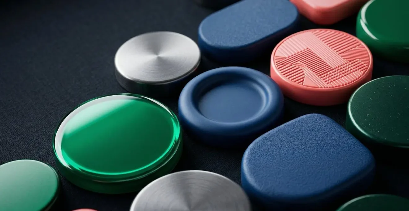 Vue macro de boutons colorés avec différentes textures, symbolisant la variété des CTA testables.