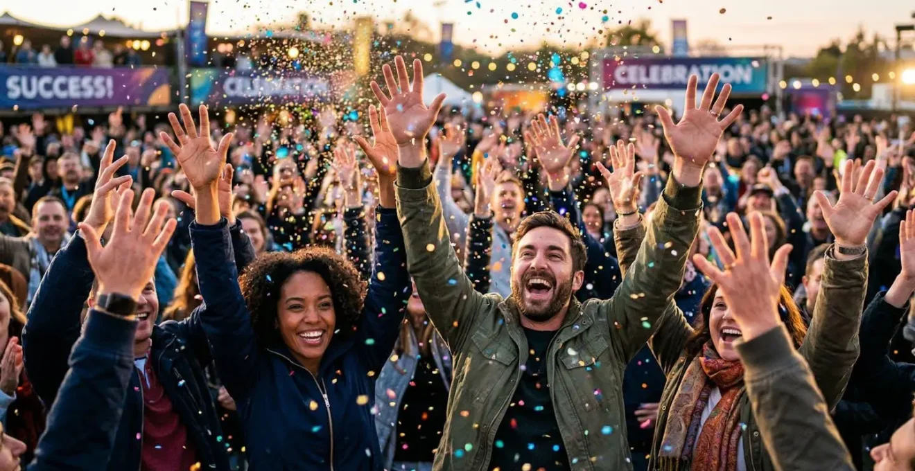 Mains levées en célébration avec des particules colorées flottant dans l'air, symbolisant une réussite.