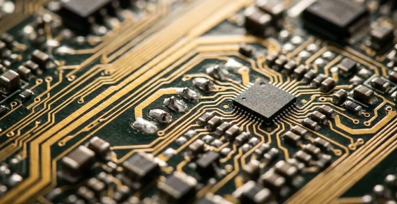 Vue macro de circuits imprimés connectés symbolisant l'interconnexion des outils d'automatisation