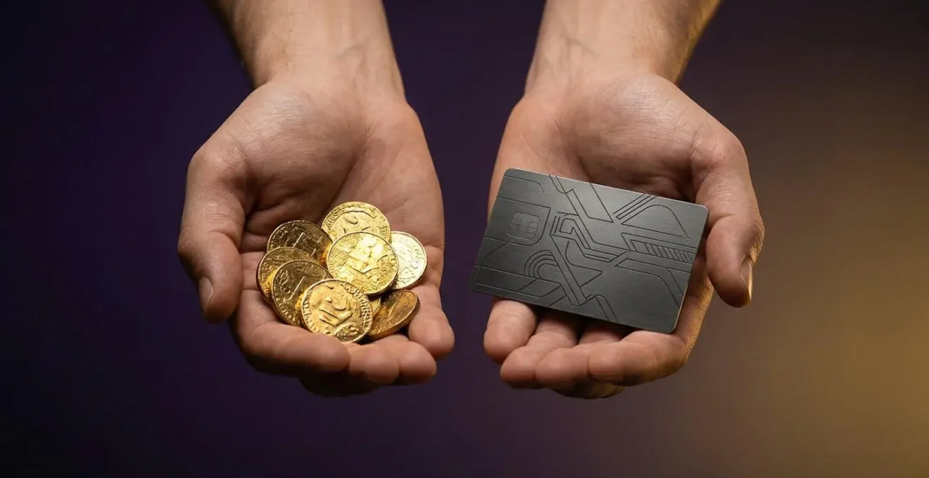 Deux mains tendues, l'une tenant des pièces dorées, l'autre une carte VIP brillante sur fond dégradé