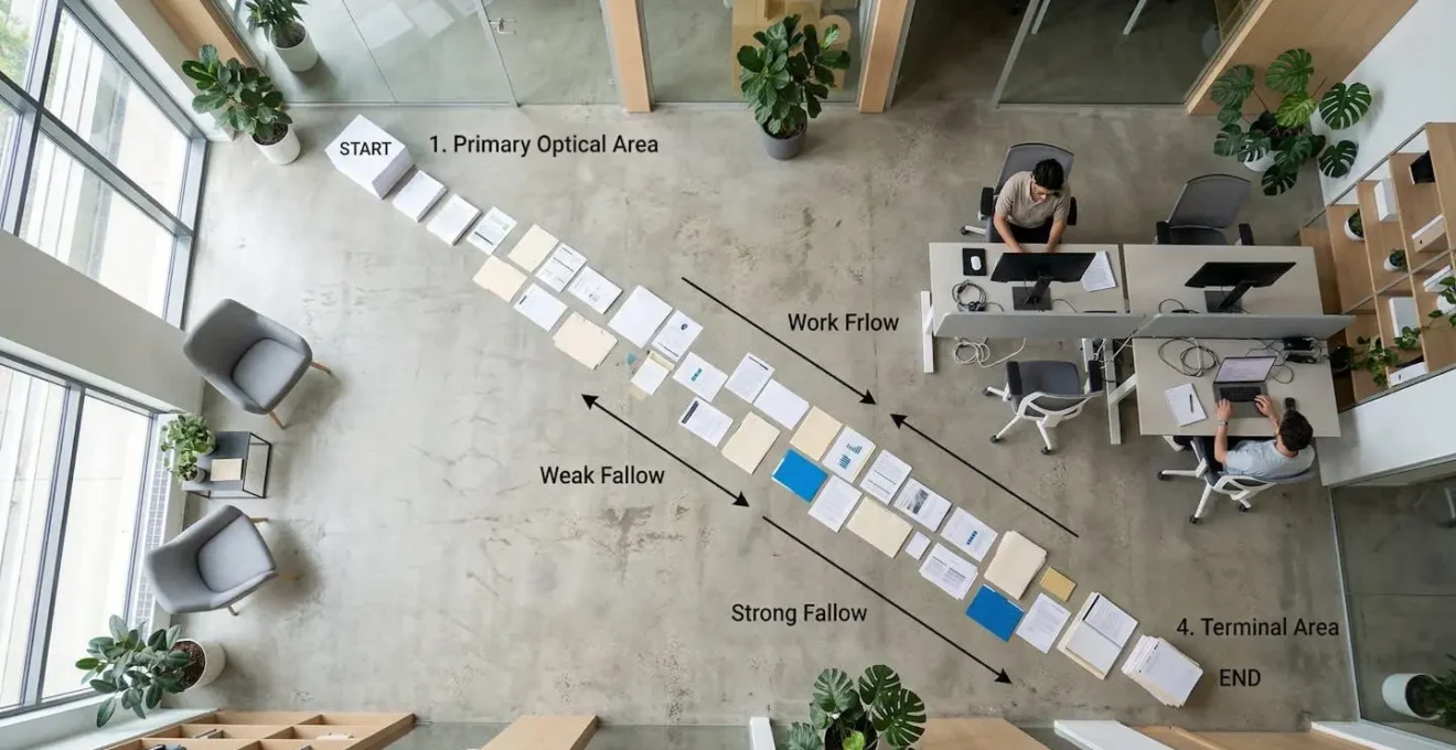 Vue aérienne d'un bureau minimaliste avec papiers disposés selon un parcours diagonal suggérant le diagramme de Gutenberg