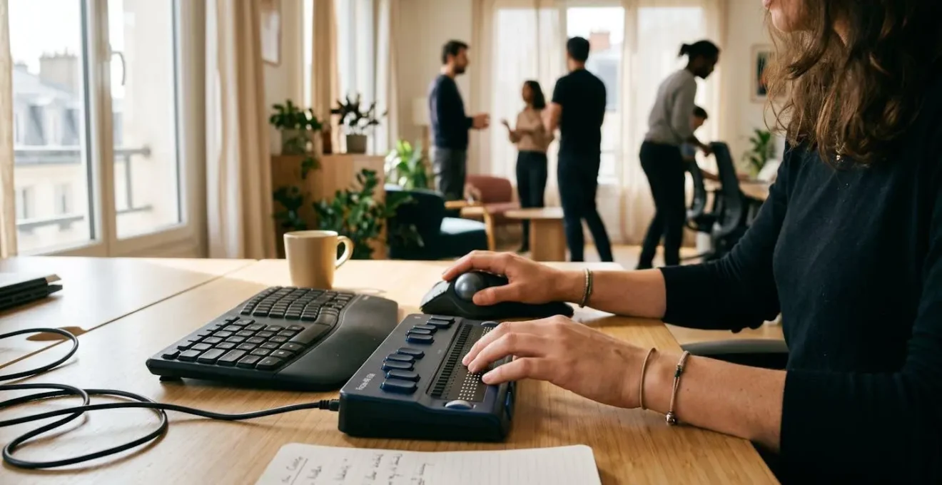 Espace de travail moderne montrant différents dispositifs d'assistance technologique comme un afficheur braille et un clavier ergonomique.