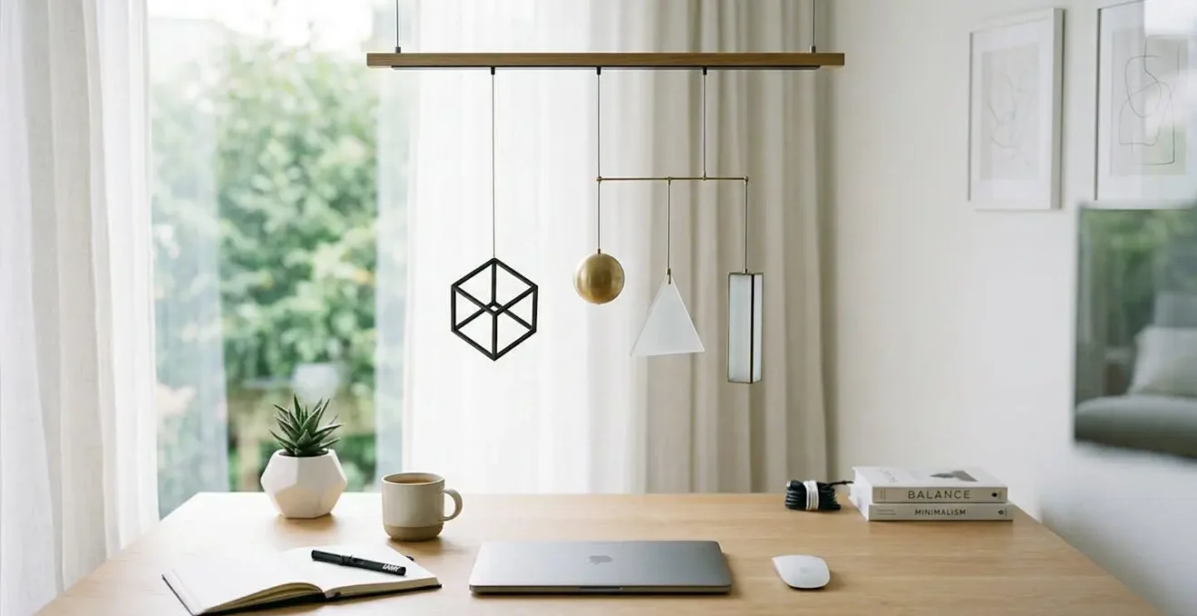 Espace de travail épuré avec éléments géométriques simples en suspension, représentant l'équilibre.