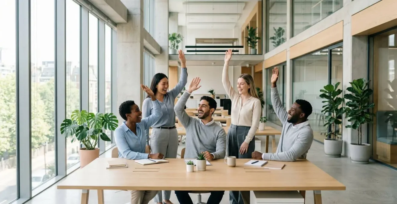 Équipe d'employés célébrant ensemble dans un bureau moderne, ambiance positive et collaborative