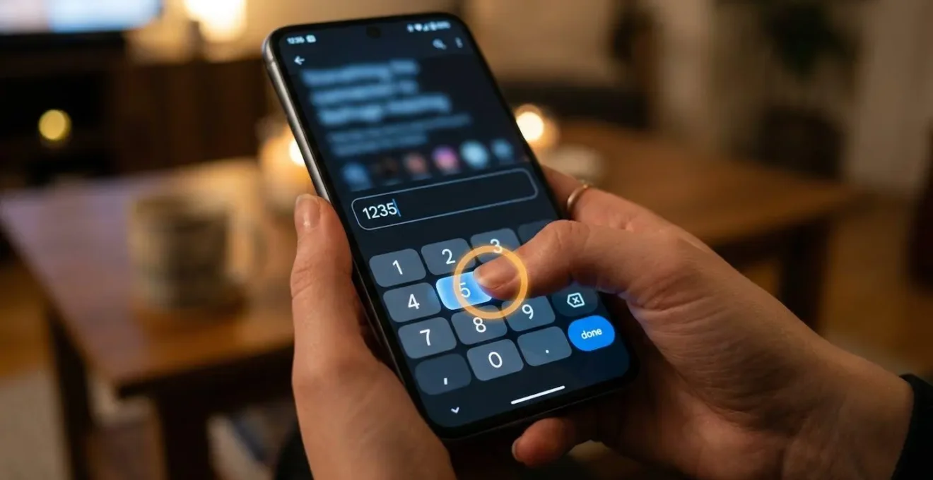 Main utilisant un clavier virtuel numérique sur smartphone avec mise en évidence de la zone du pouce