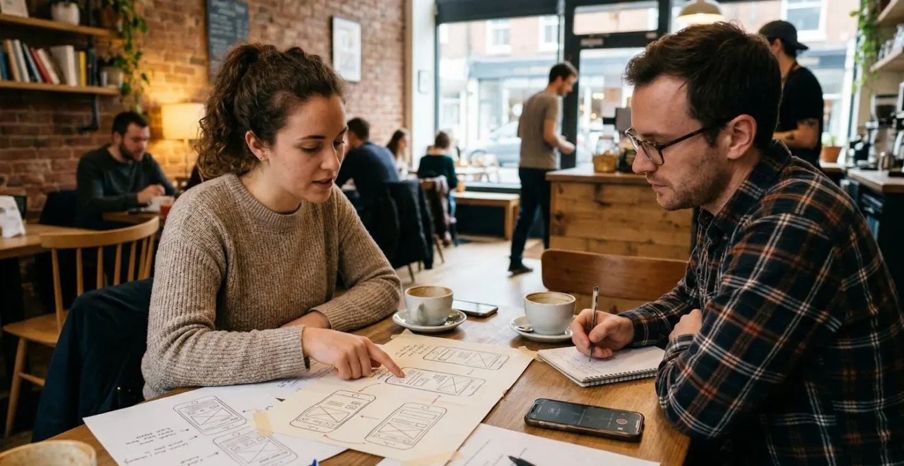 Scène de test utilisateur informel dans un café avec prototype papier