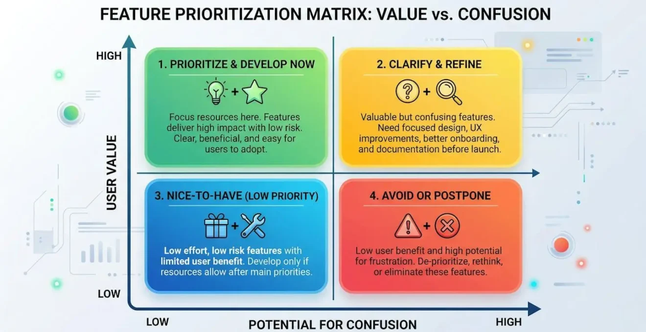 Matrice visuelle montrant la priorisation des fonctionnalités selon leur valeur et leur potentiel de confusion
