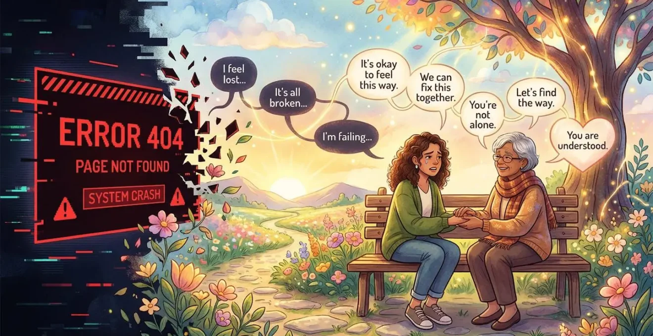 Illustration métaphorique d'un message d'erreur transformé en conversation bienveillante