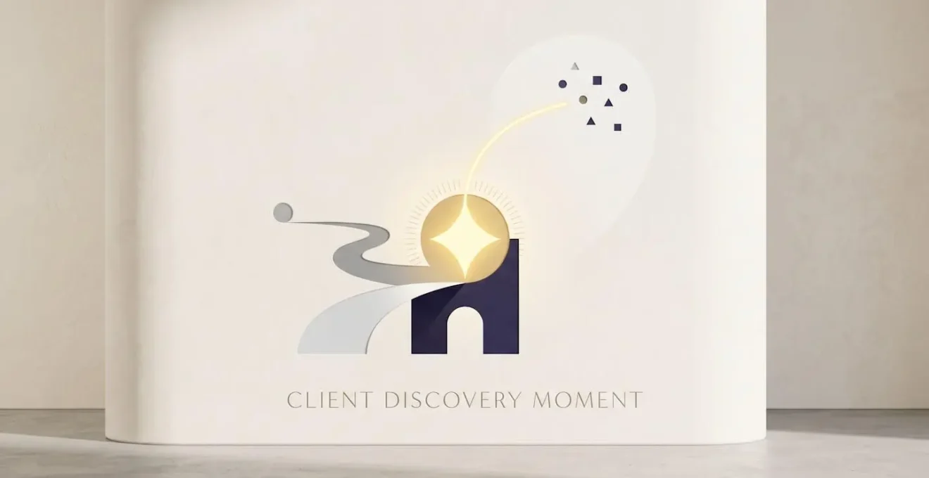 Moment de découverte client représenté par une composition symbolique minimaliste