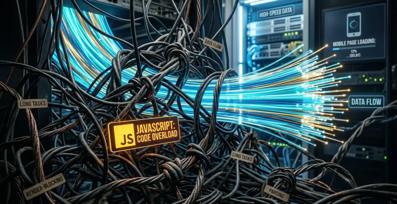 Visualisation métaphorique de l'impact du JavaScript sur le chargement mobile, montrant des câbles emmêlés face à de la fibre optique lumineuse.