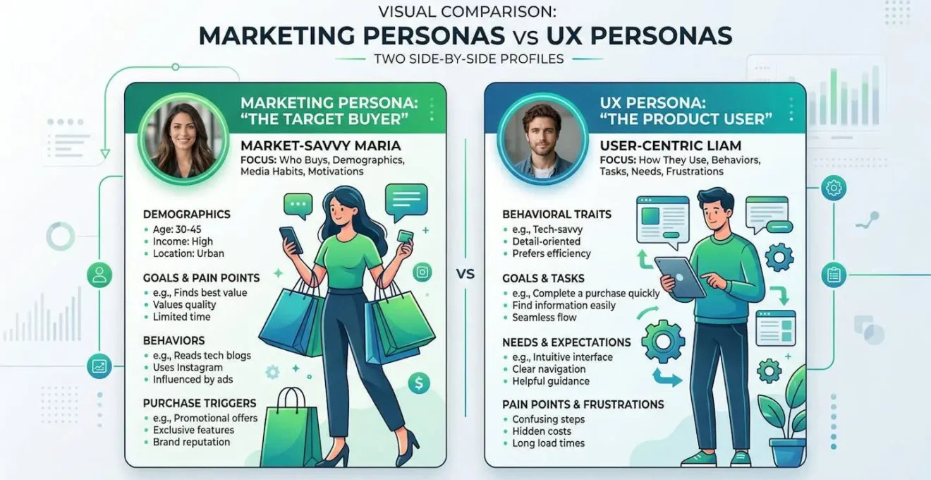 Comparaison visuelle entre personas marketing et personas UX avec deux profils côte à côte