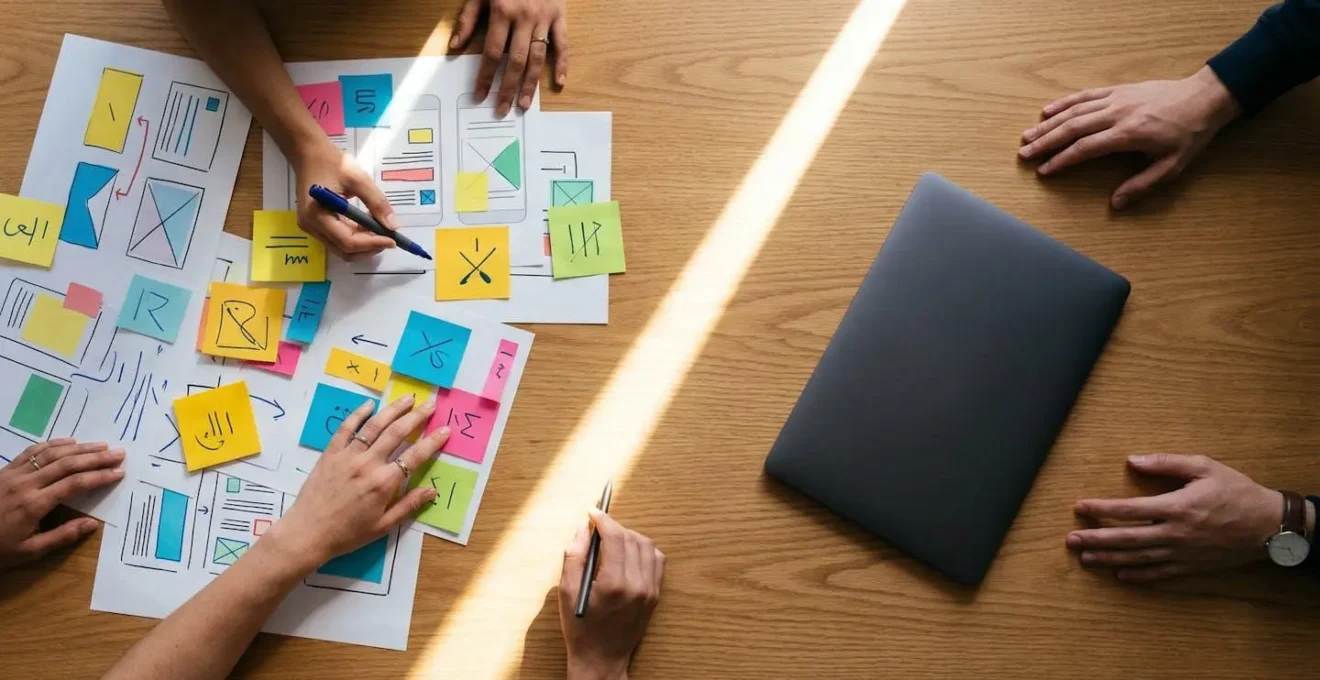 Vue détaillée de mains annotant un prototype physique avec des post-its colorés sur une table de travail