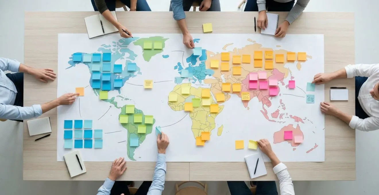 Vue aérienne d'une table de travail avec documents organisés et post-its colorés formant une carte mentale