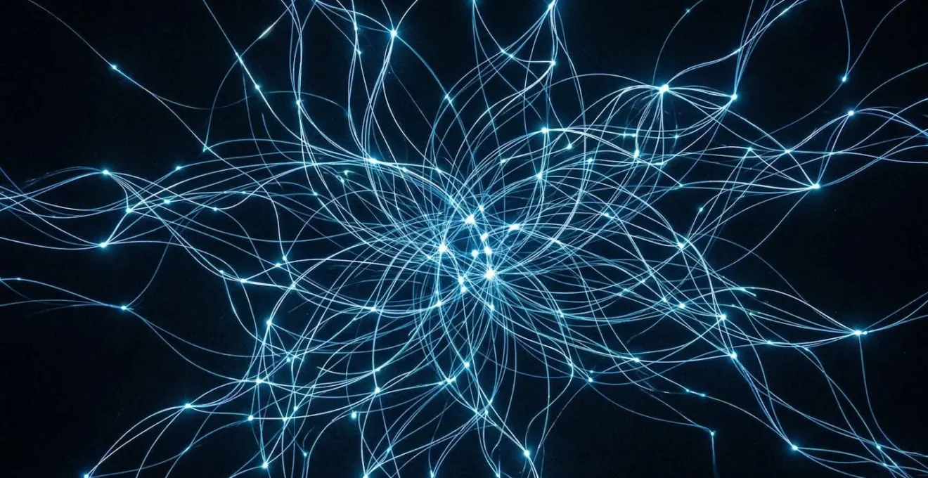 Vue aérienne de connexions lumineuses entre points formant un réseau en expansion