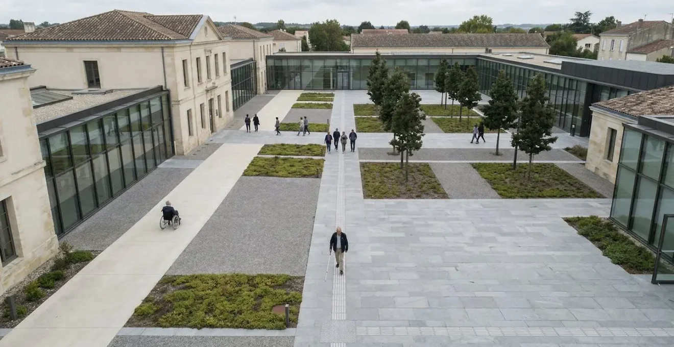 Vue aérienne d'un espace architectural épuré montrant une organisation spatiale claire et prévisible, symbolisant une structure de site web intuitive.