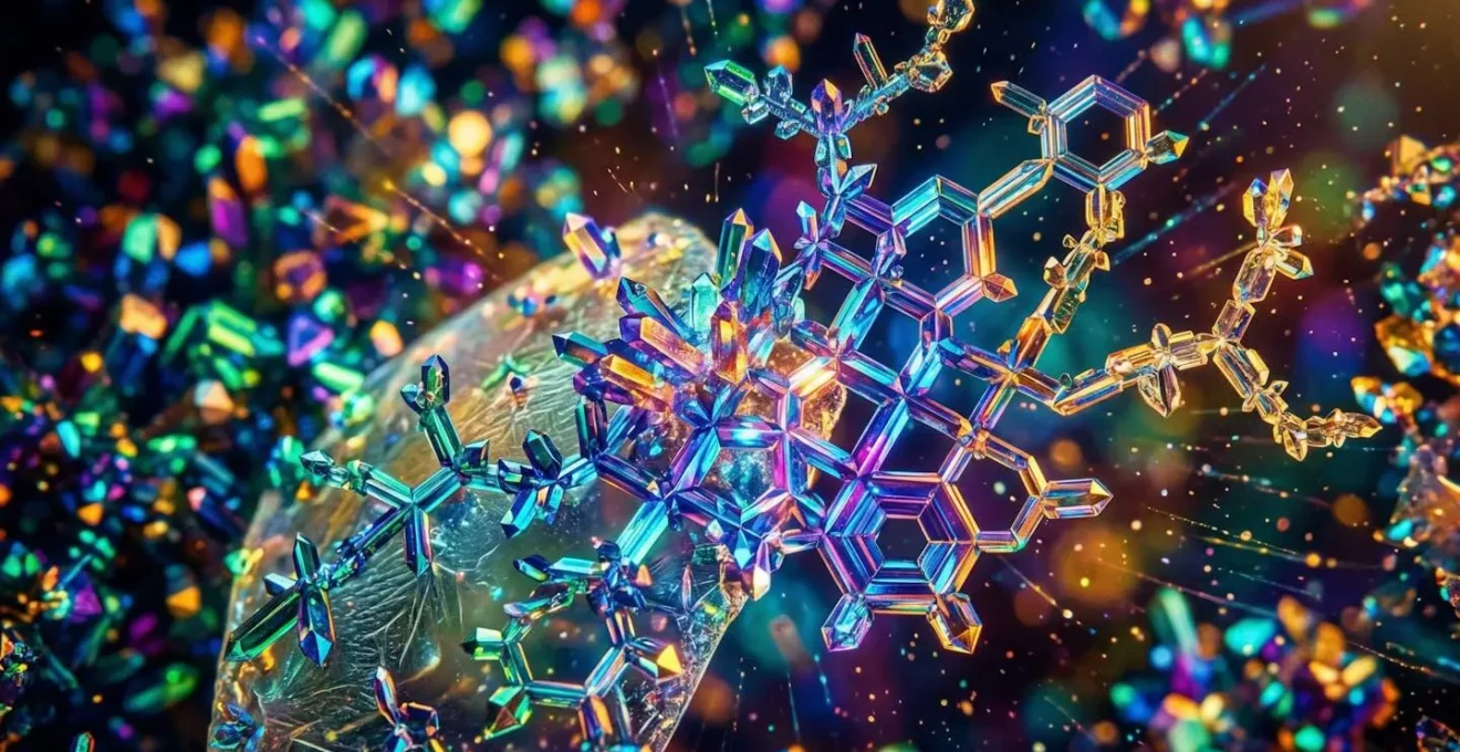 Vue macro de structures cristallines colorées s'assemblant en motifs complexes, métaphore visuelle du design atomique