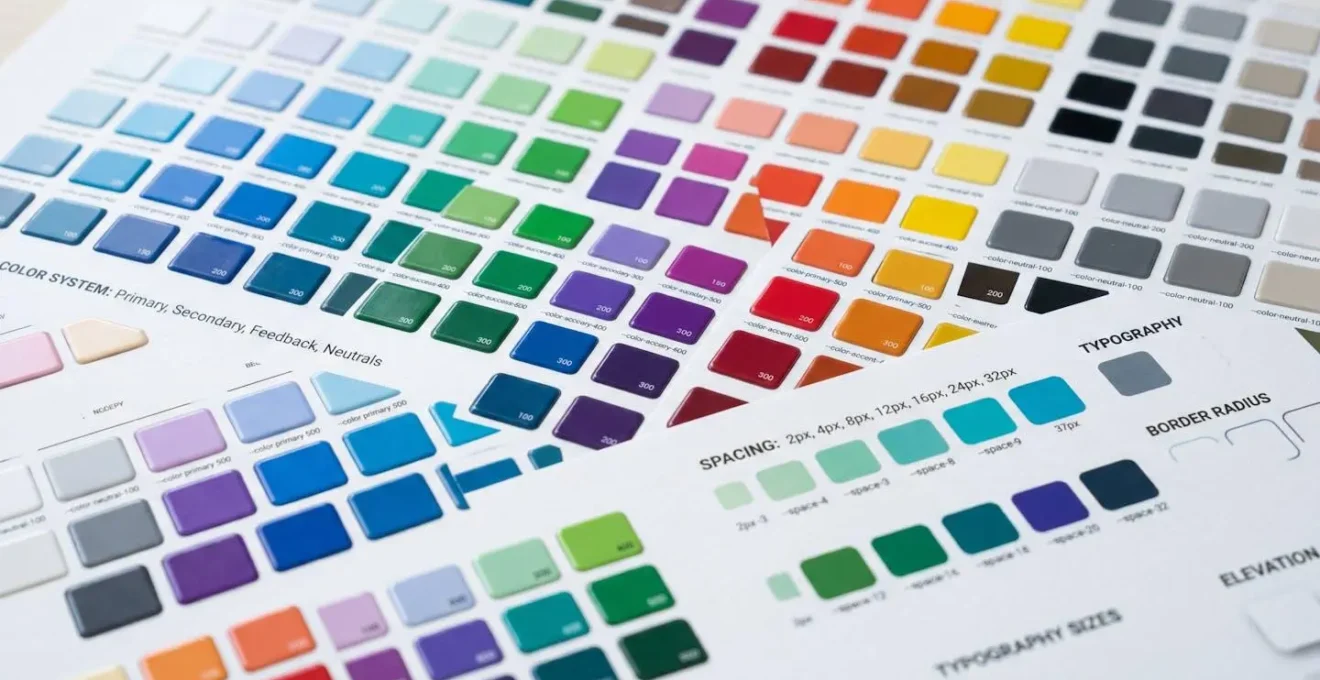 Vue macro d'une grille colorée organisée avec des espaces réguliers représentant visuellement un système de design tokens