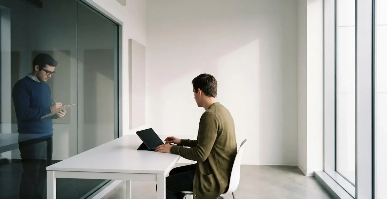 Observateur prenant des notes pendant qu'un utilisateur navigue intuitivement sur une interface, vue de profil montrant la concentration