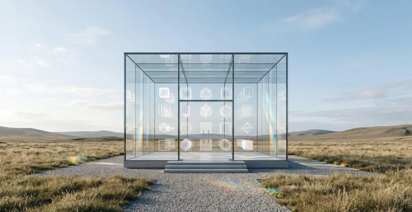 Représentation visuelle de la transparence et de la protection des données en B2B, symbolisée par une structure de verre révélant des formes géométriques organisées