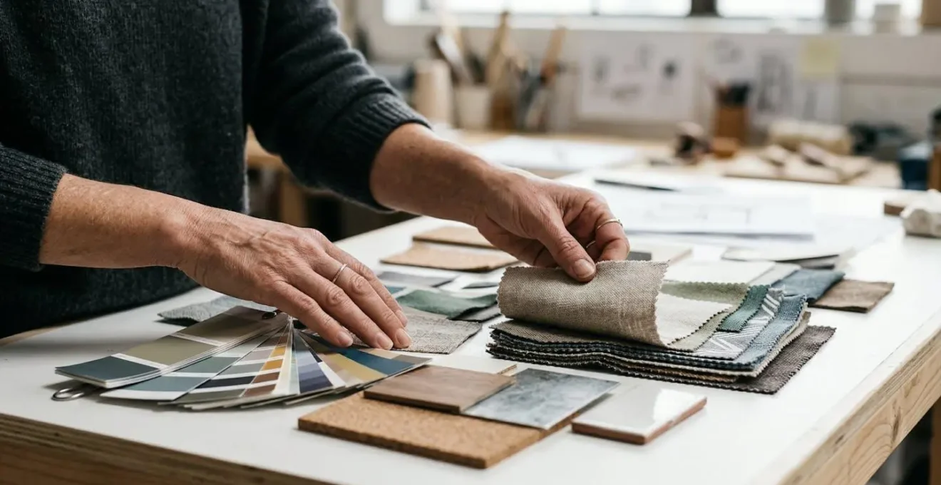 Mains professionnelles évaluant des échantillons de design et matériaux créatifs sur une table de travail