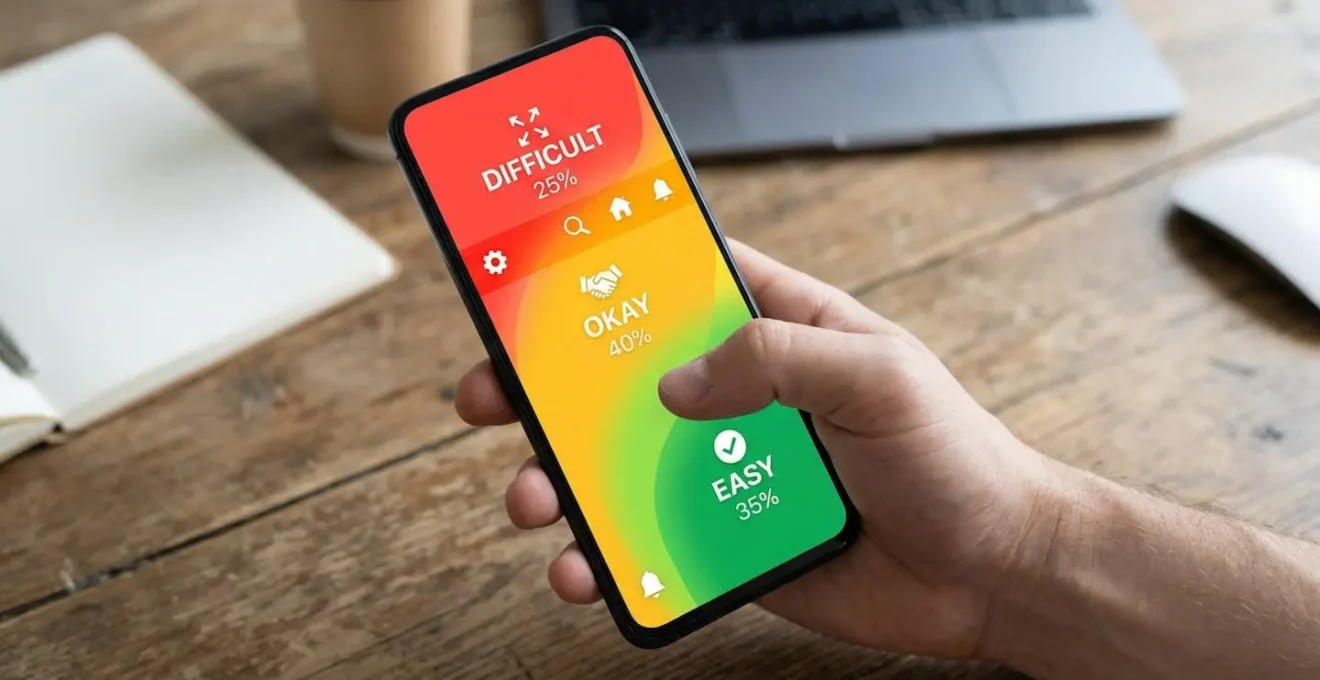 Vue de dessus d'un smartphone tenu naturellement montrant les zones d'accessibilité du pouce par gradients de couleur
