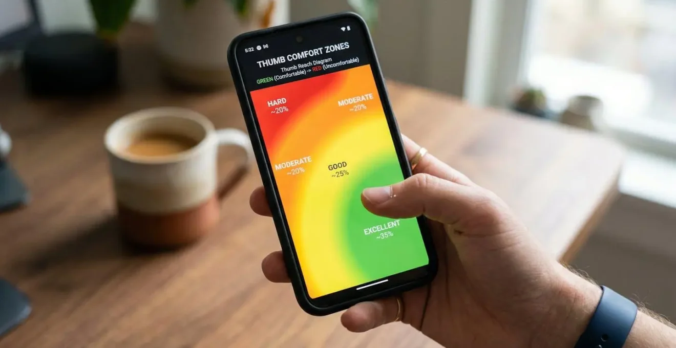 Main tenant un smartphone montrant les zones de confort du pouce en dégradé de couleurs