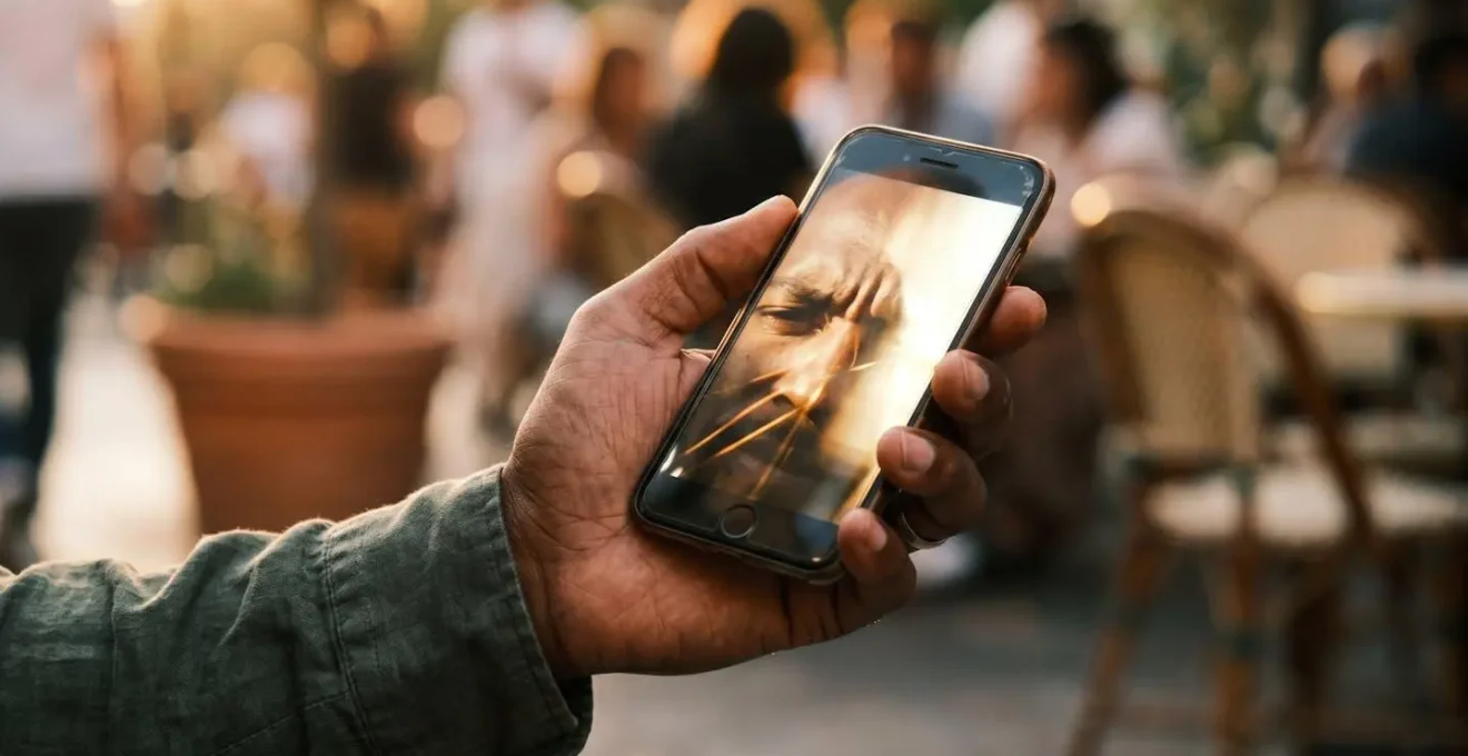 Gros plan sur une main tenant un smartphone en plein soleil avec des reflets naturels sur l'écran rendant le contenu difficile à lire