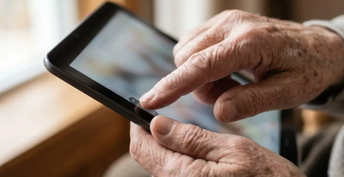 Plan macro sur des mains âgées ajustant les réglages de taille de texte sur une tablette, symbolisant le besoin de confort visuel.