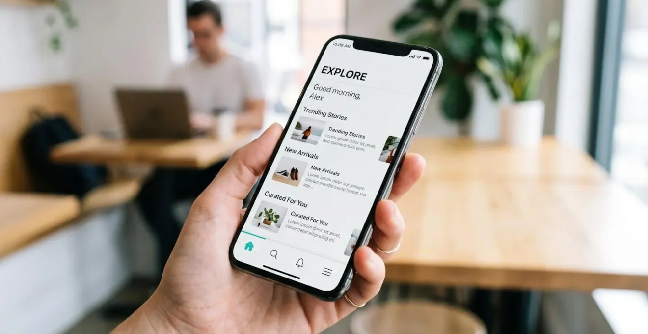 Vue en perspective d'un smartphone moderne montrant une interface épurée avec barre de navigation inférieure minimaliste