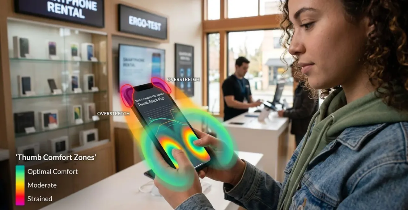 Main tenant un smartphone avec zones de confort du pouce visualisées par des halos de couleur gradués